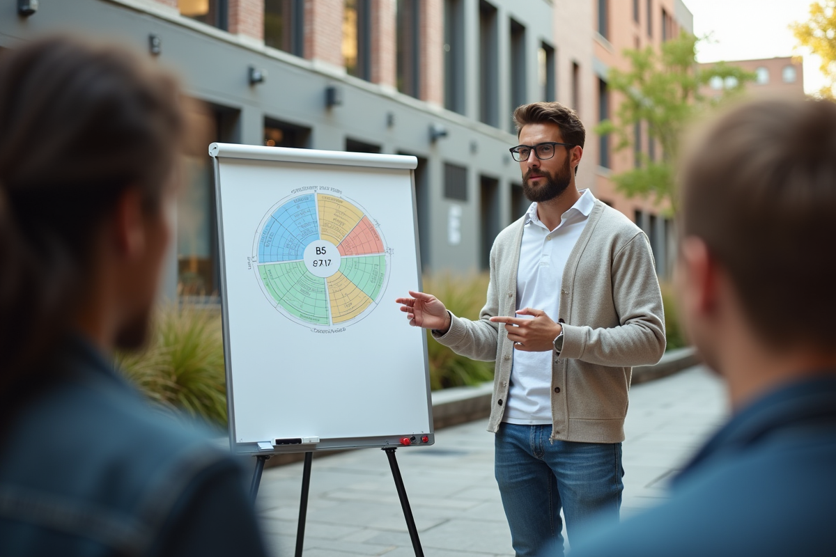 Jeune homme présentant un diagramme coloré en extérieur