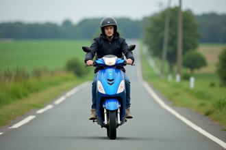 Jeune homme en scooter bleu dans la campagne verte
