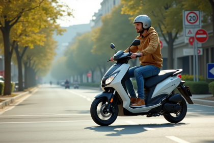 Jeune homme roulant en scooter en ville en plein jour