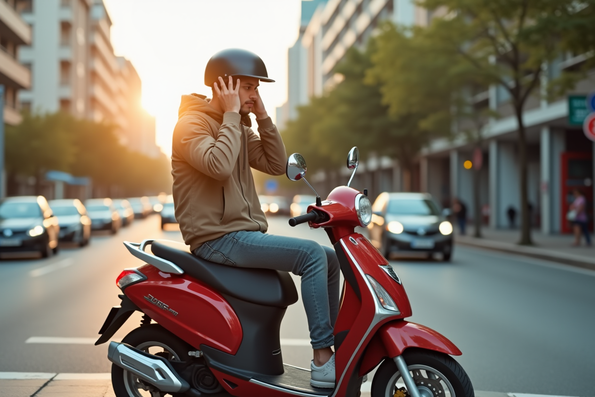 Jeune homme ajustant son casque sur un scooter 50cc en ville