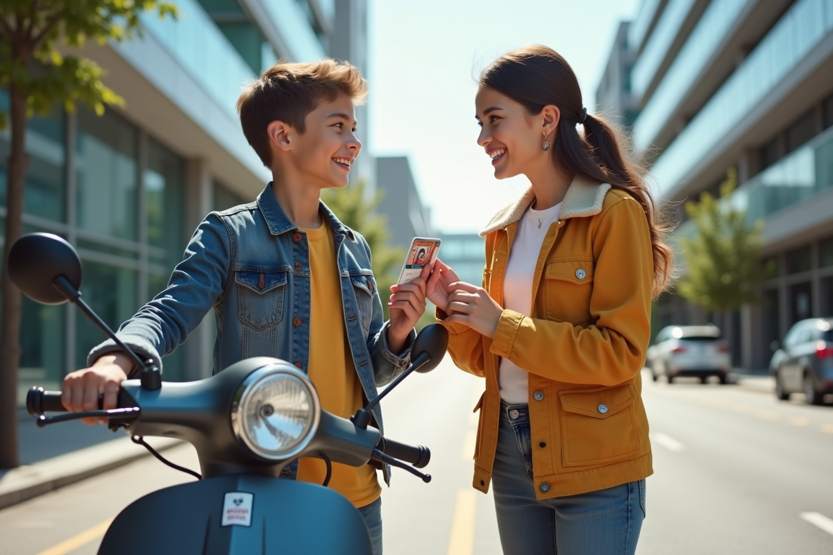 Adolescentes souriants avec permis moto sur une rue ensoleillee
