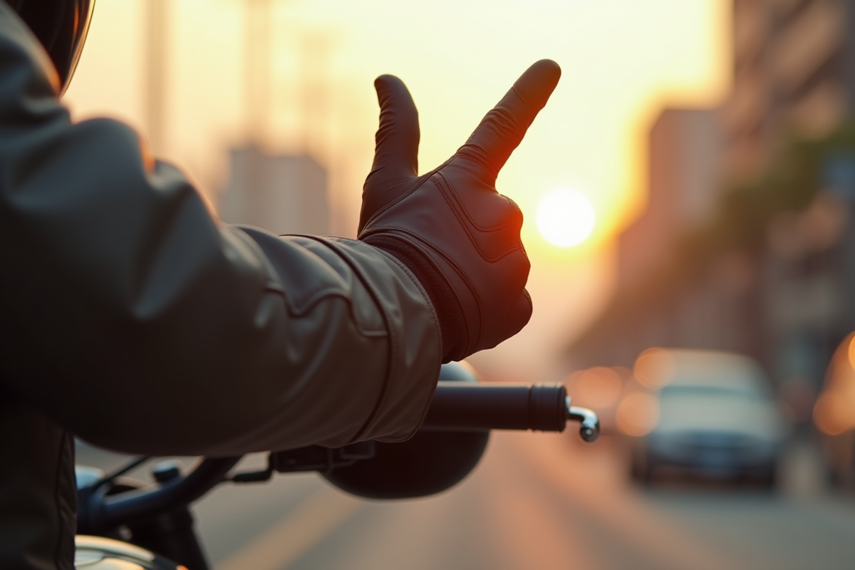 Gant de motard faisant un signe V lors d’un arrêt