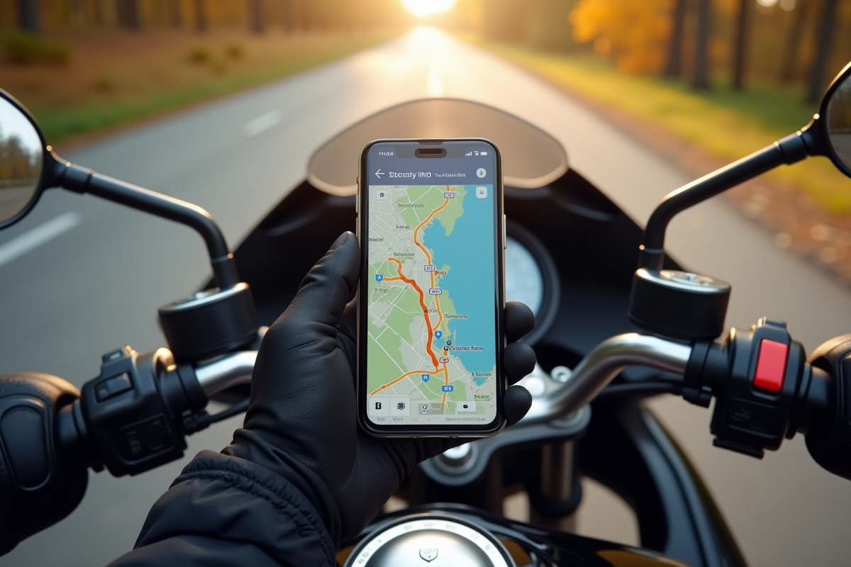 Mains gantées tenant smartphone avec tableau de bord moto