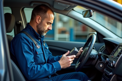 Mécanicien homme utilisant un scanner OBD2 dans un garage propre