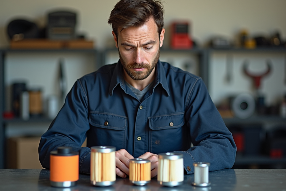 Mécanicien homme examinant des filtres auto dans un garage