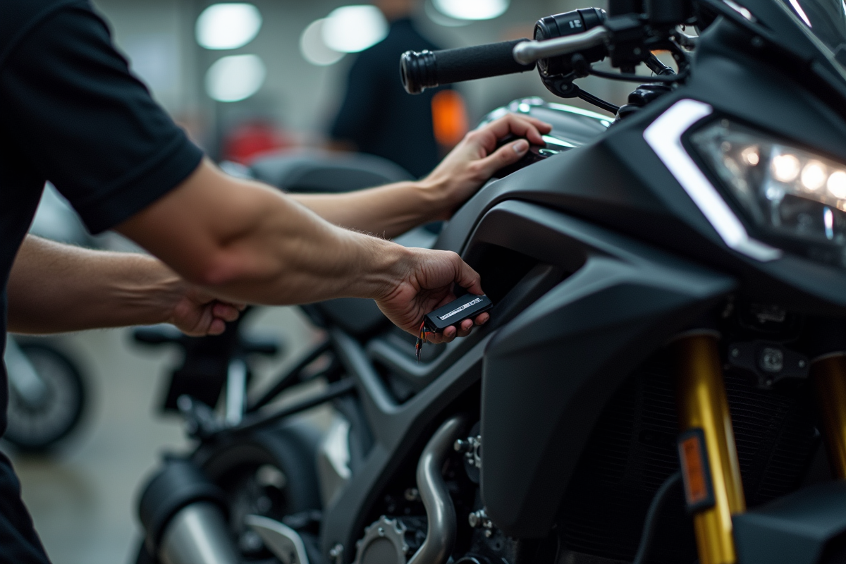 Mécanicien installant un GPS sous la selle d'une moto moderne dans un garage lumineux