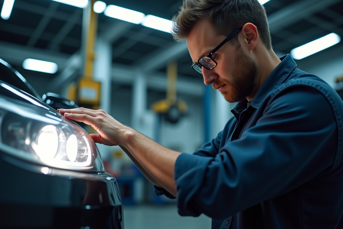 Mécanicien ajustant un phare de voiture dans un atelier propre