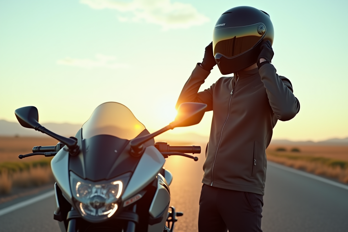Motard ajustant son casque intégral brillant en plein jour