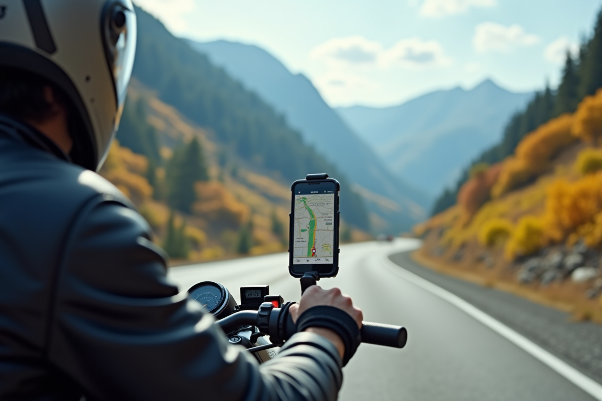 Motard sur route de montagne utilisant GPS en plein jour