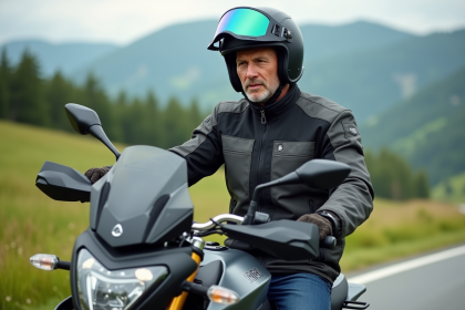 Motard en route tranquille sur une route rurale