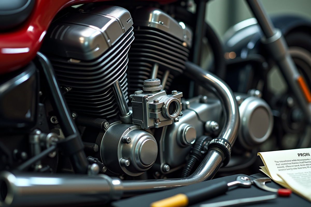 Détail du moteur de moto avec fuite de carburant et outils