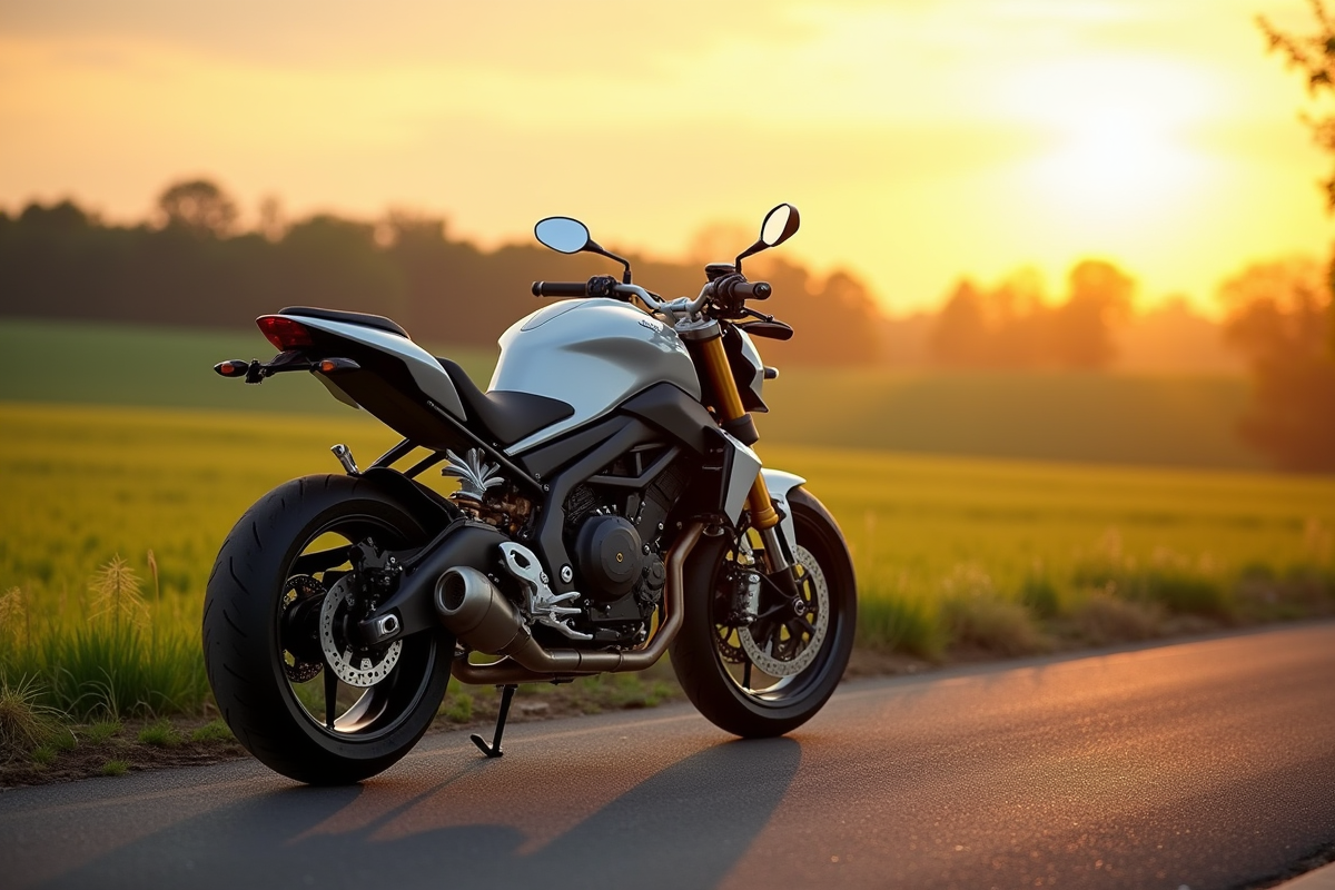 Moto petite sur route de campagne au coucher du soleil