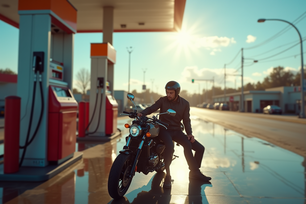 Moto au station essence vérifiant le niveau de carburant