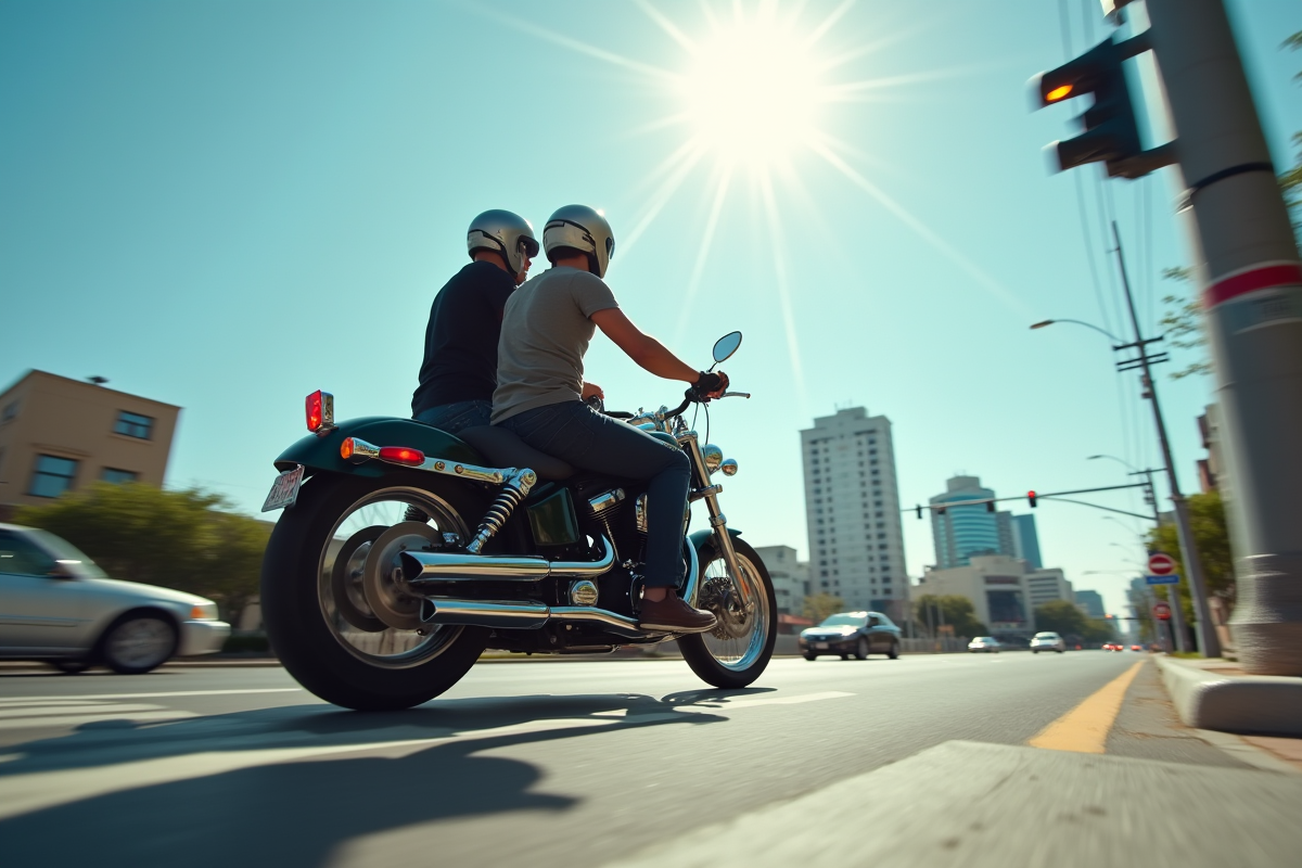 Rider et passager ajustant leur posture en ville en moto