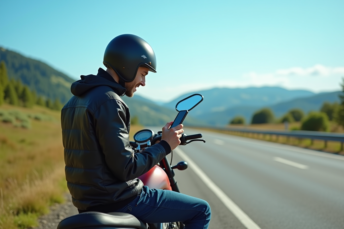 Motocycliste souriant vérifiant son smartphone en nature