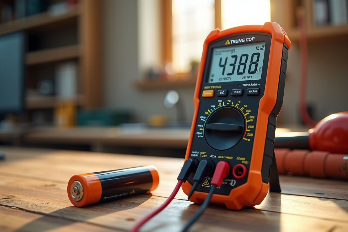 Prise de mesure de tension avec un multimètre sur une batterie lithium