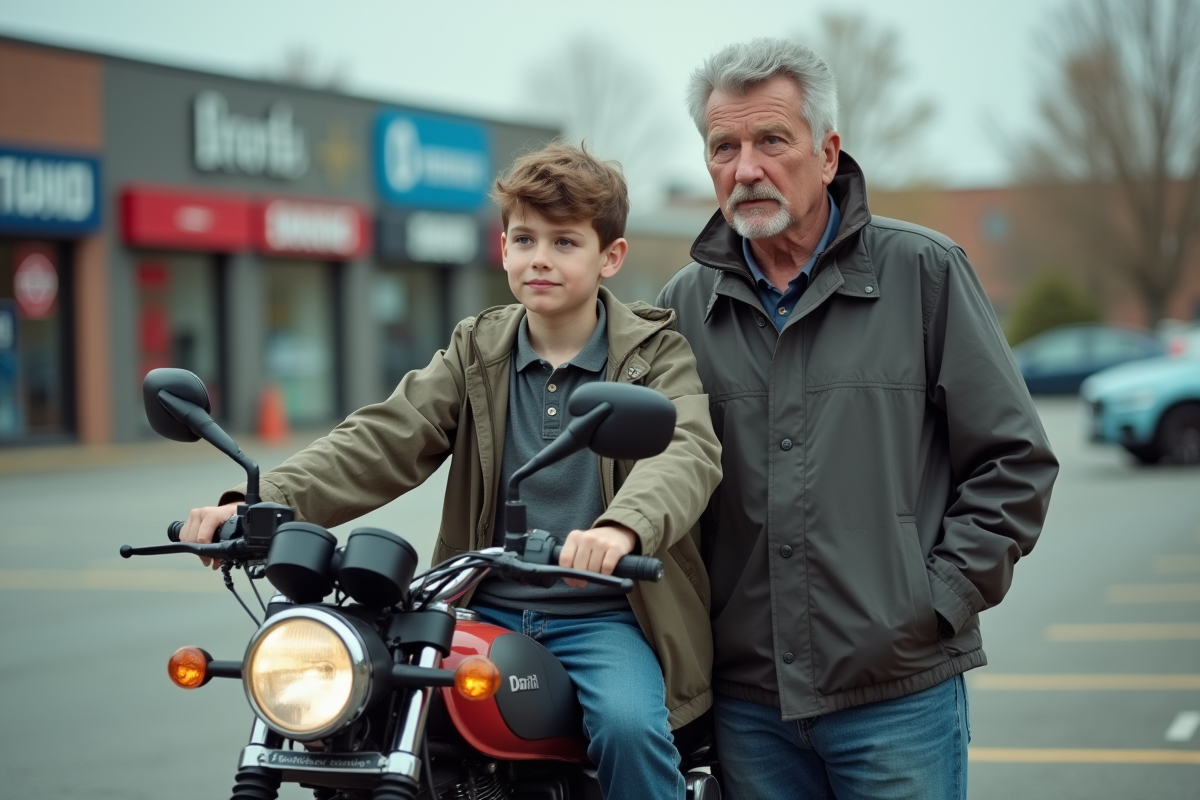 Pere et fils avec moto 125cc dans parking urbain