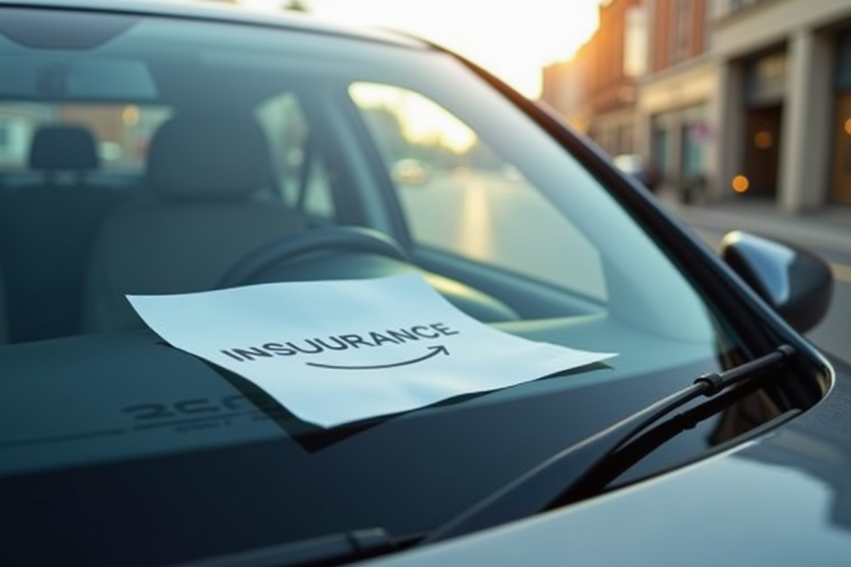 Pare-brise de voiture avec sticker d'assurance enlevé sur une rue urbaine