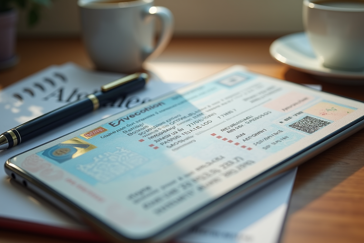 Permis de conduire français avec smartphone et stylo sur bois
