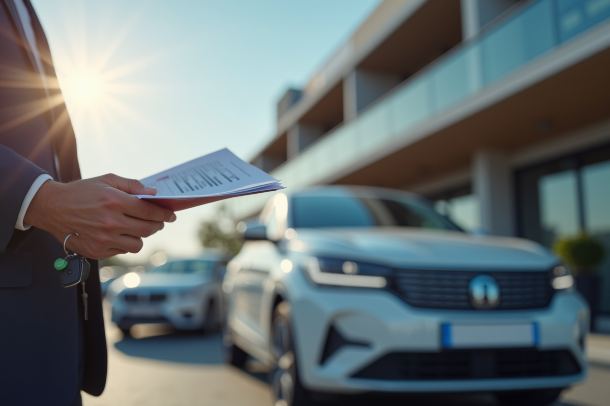 Personne tenant des clés de voiture et documents officiels devant une berline moderne