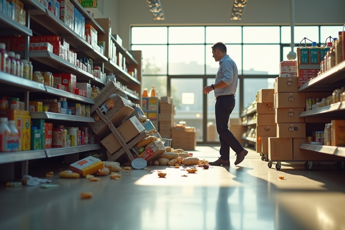 Rayon renversé dans un supermarché avec débris et employé inquiet