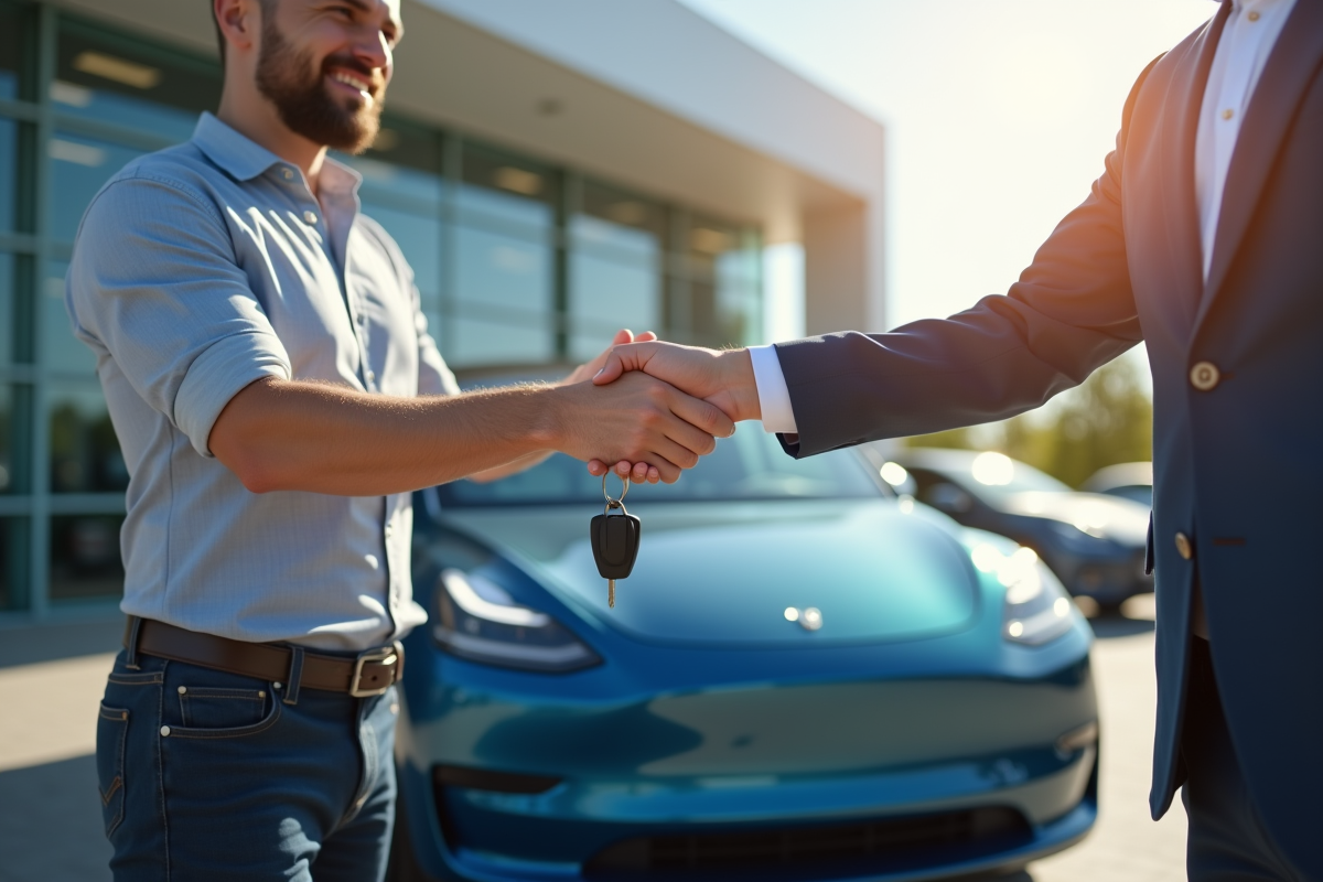Homme remettant les clés d'une voiture électrique à un vendeur