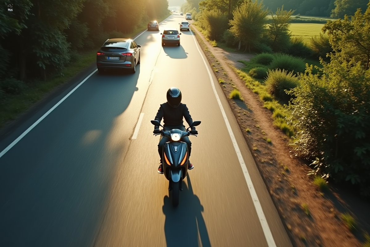 Vue aérienne d une route rurale avec scooter et nature