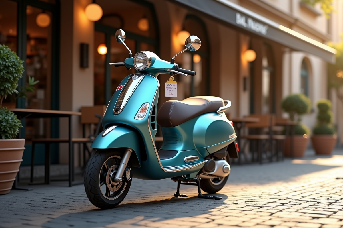 Scooter moderne devant un café urbain ensoleille