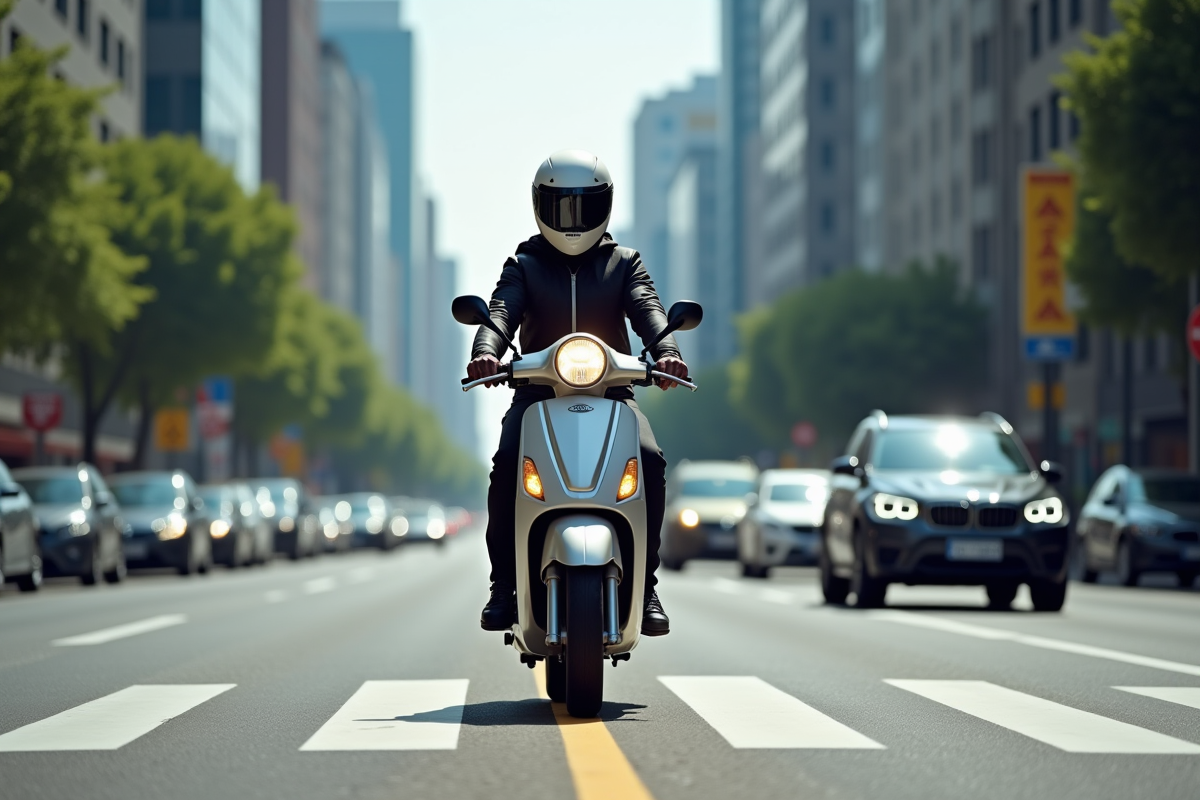 Scooter avec casque en ville sur une voie urbaine