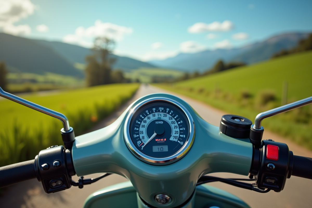 Scooter garé avec compteur de vitesse en nature