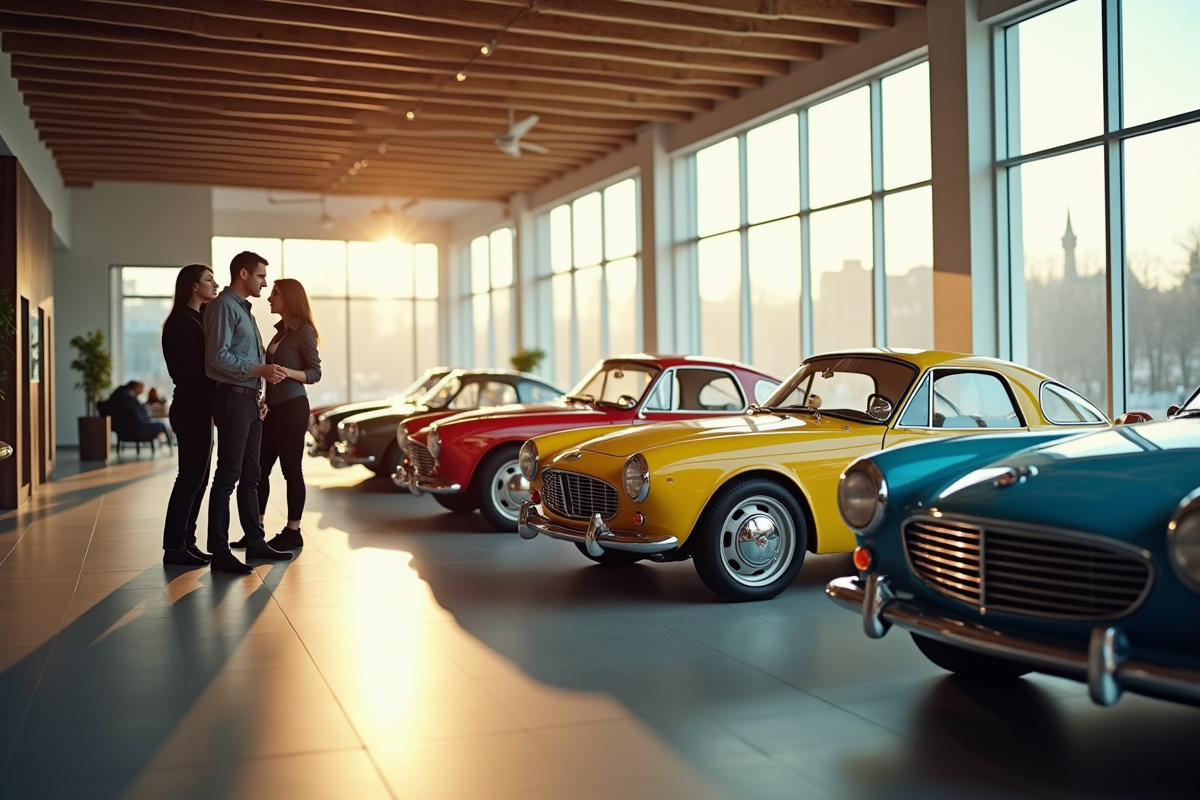 Intérieur du showroom Fiat Topolino avec clients et voitures colorées