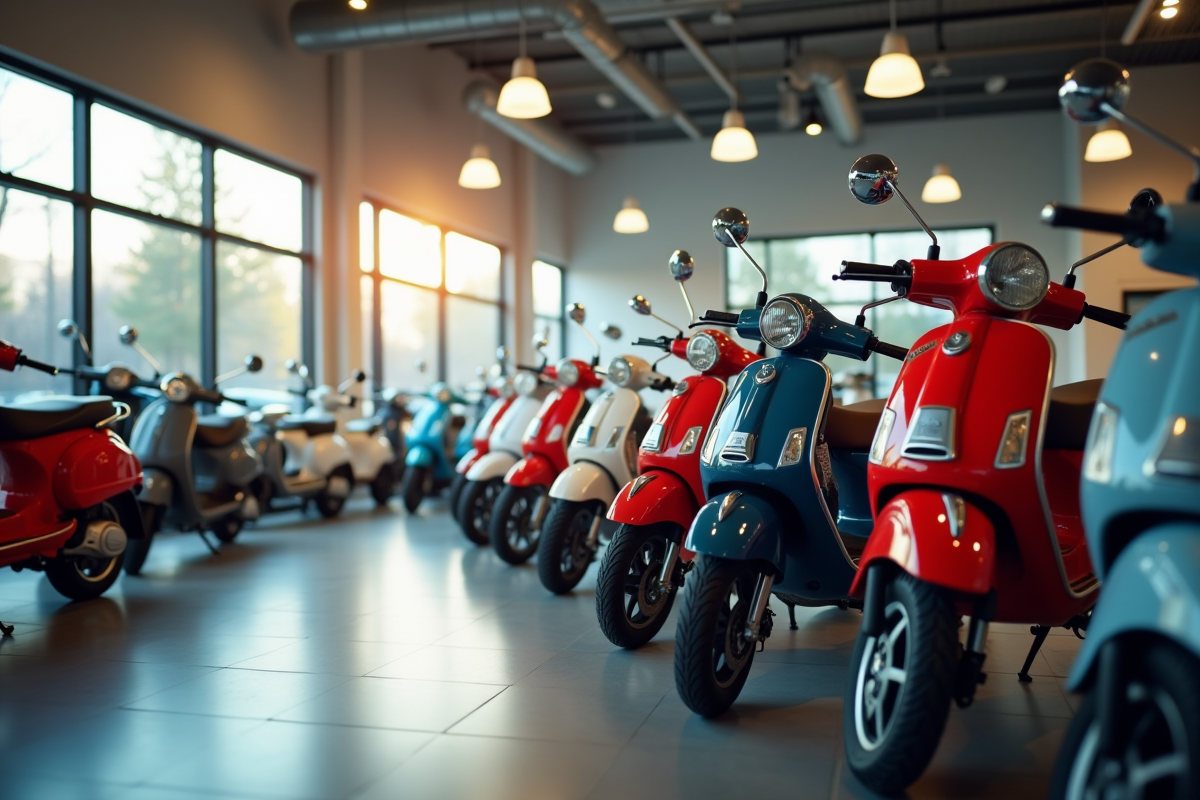 Showroom de scooters avec étiquettes de prix en lumière naturelle