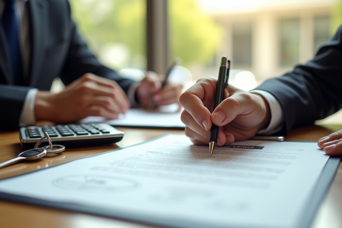 Main d'un homme d'affaires signant un contrat d'assurance voiture
