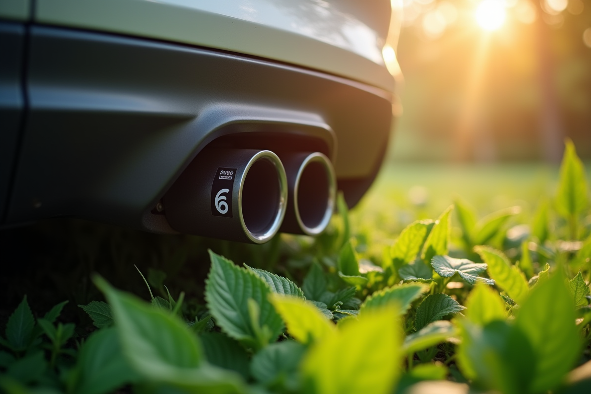 Tuyau d échappement avec sticker Euro 6 et plantes vertes