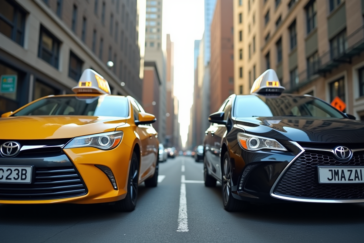 Voiture de taxi et Uber côte à côte en ville en plein jour