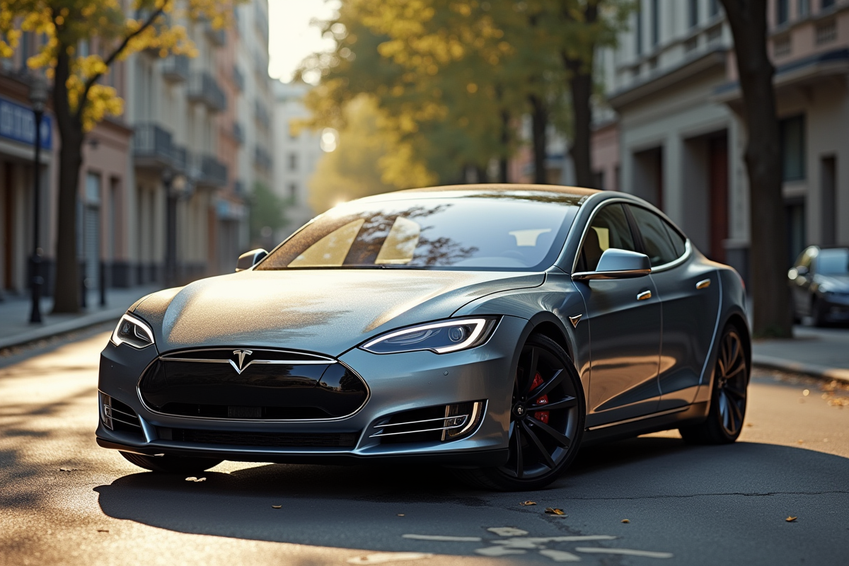 Tesla Model S usée garée en ville avec rayures et logo faded