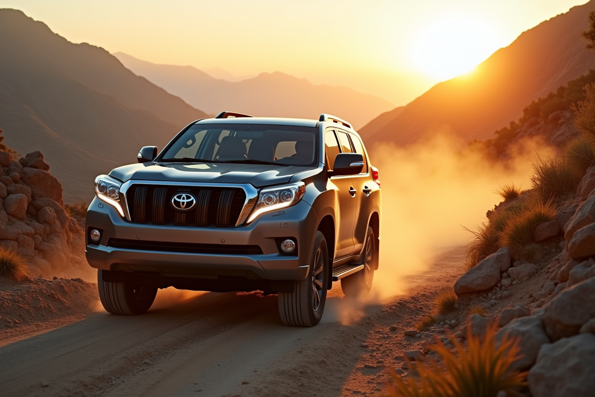 Toyota Land Cruiser Prado en montagne lors du coucher de soleil