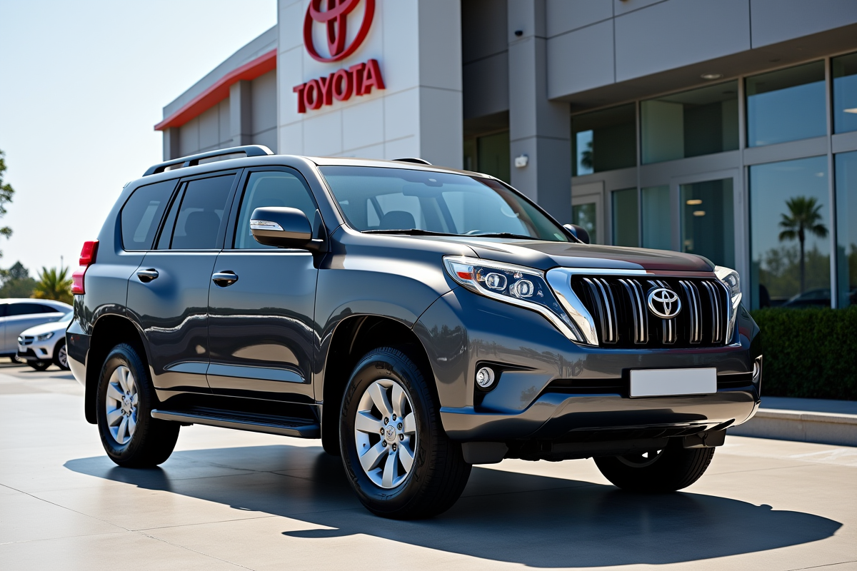 Toyota Land Cruiser Prado devant un concessionnaire moderne