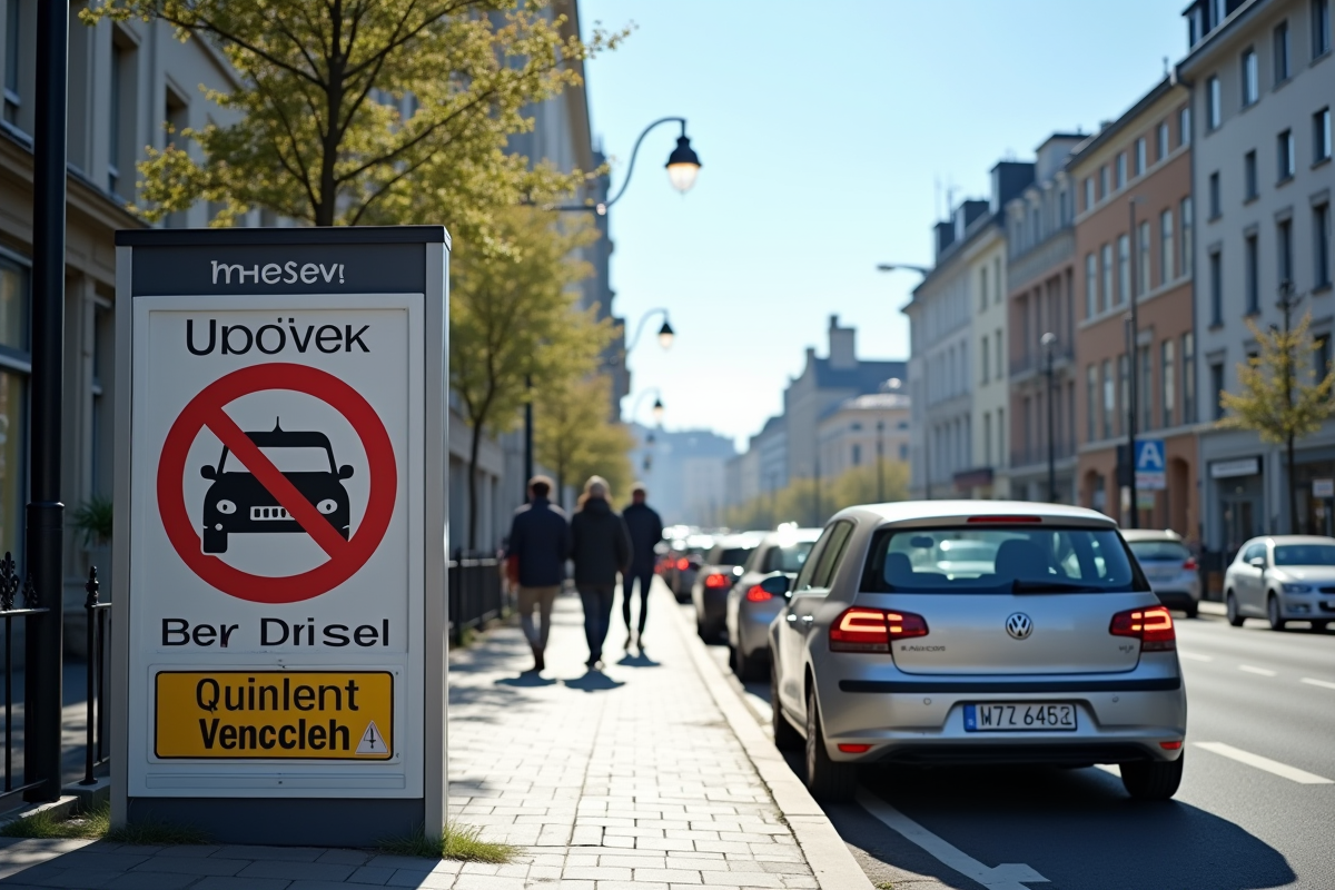 Rue urbaine avec panneau interdiction diesel et voitures anciennes