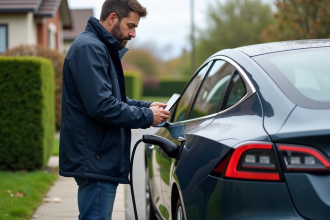 Homme vérifiant la charge de sa voiture électrique dans un quartier