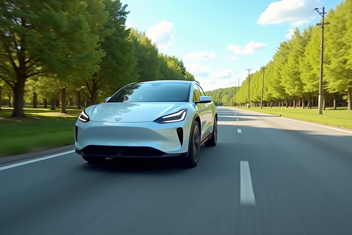 Voiture électrique moderne sur route ensoleillée de banlieue