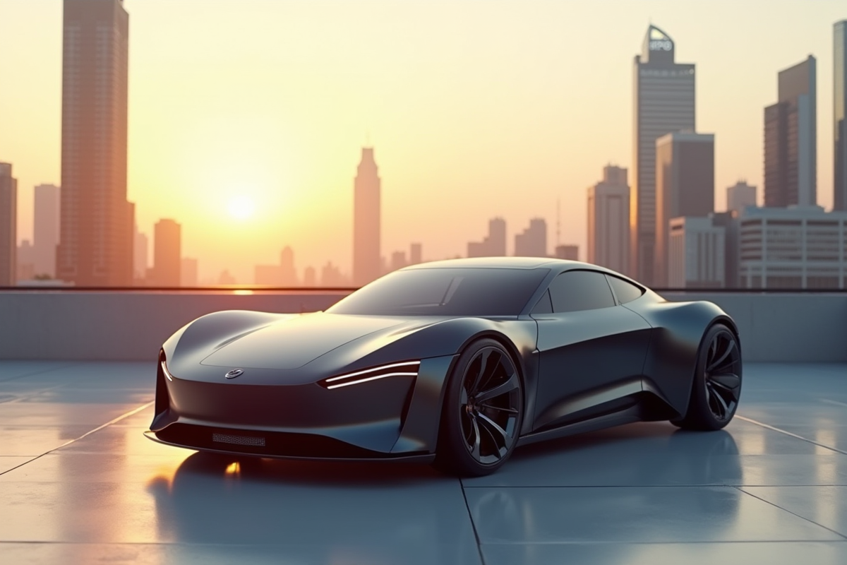 Voiture électrique futuriste sur un toit de ville au lever du soleil