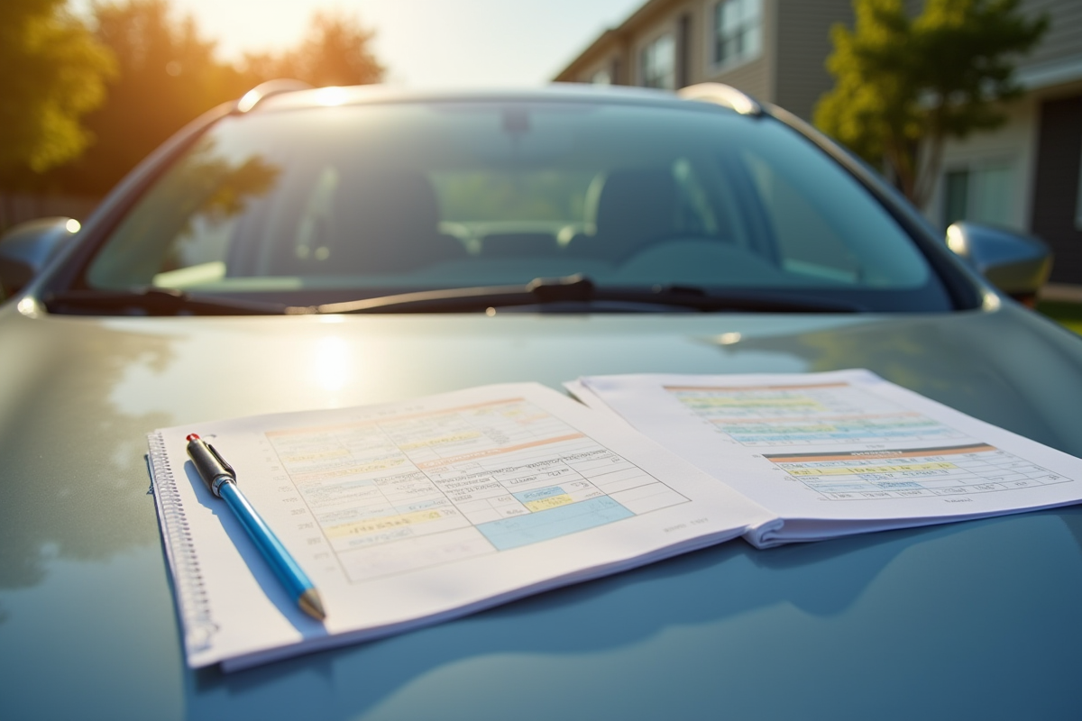 Voiture de famille avec documents et calendrier au soleil