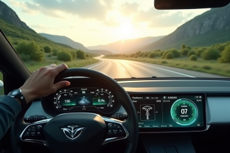 Voiture hybride élégante sur une route ensoleillée avec tableau de bord numérique