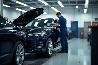 Voiture moderne en inspection dans un garage propre