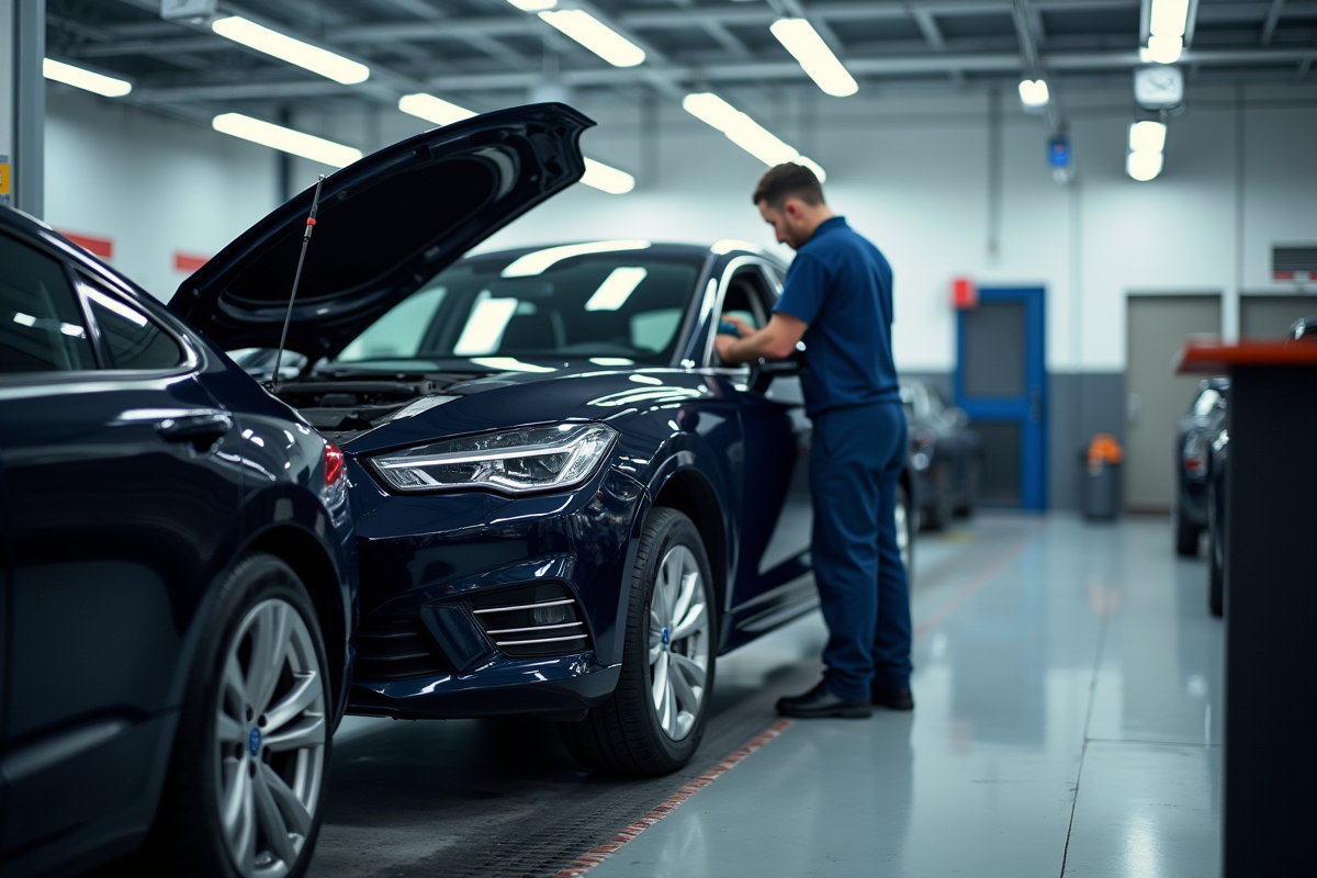 Voiture moderne en inspection dans un garage propre