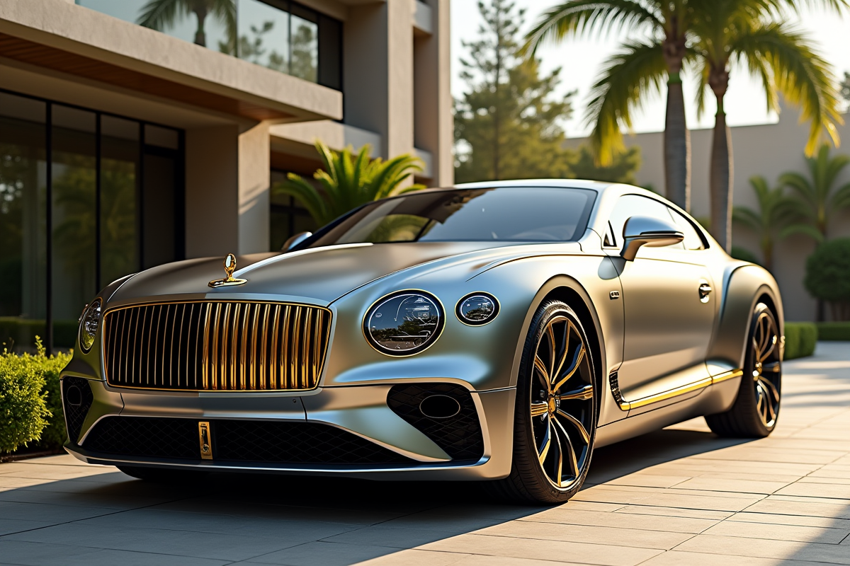 Voiture ultraluxe garée devant une mansion moderne reflet du soleil