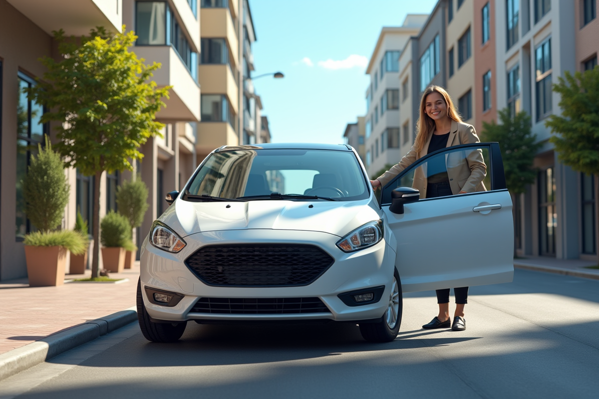 Voiture urbaine moderne garée ensoleillée avec jeune professionnel