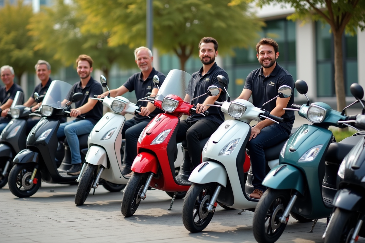 Véhicules à deux roues stationnés en ville avec propriétaires satisfaits